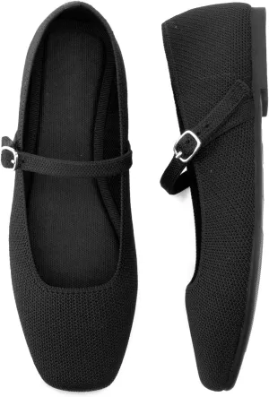 Knit Flats for Women Square Toe Flats Casual Ballet Flats with Ankle Strap,Mary Jane Shoes Women Comfortable for Dressy Office