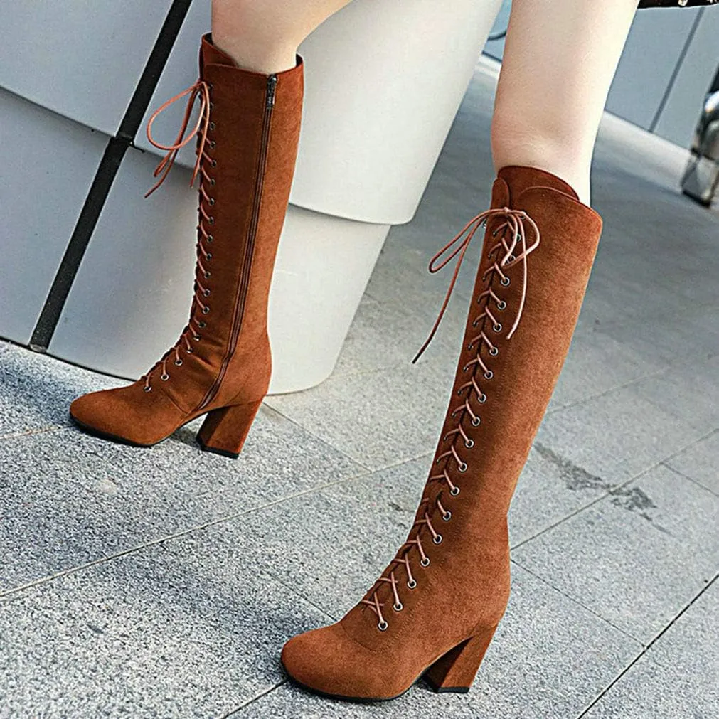 KOKOMOMO Womens Square Toe Chunky Heels Knee High Boots Lace Up High Heeled Combat Boots with Zip