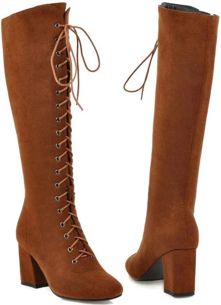 KOKOMOMO Womens Square Toe Chunky Heels Knee High Boots Lace Up High Heeled Combat Boots with Zip