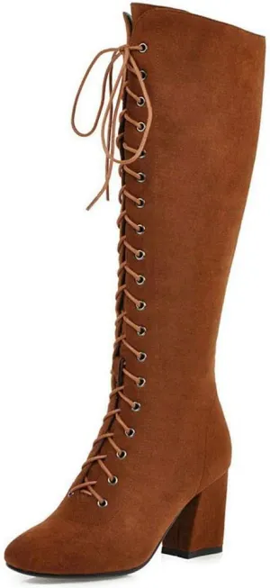 KOKOMOMO Womens Square Toe Chunky Heels Knee High Boots Lace Up High Heeled Combat Boots with Zip