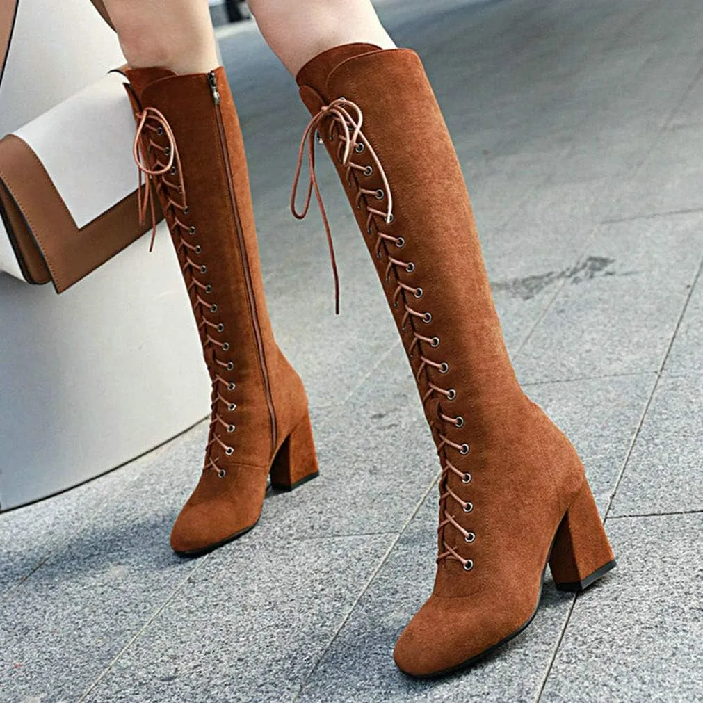 KOKOMOMO Womens Square Toe Chunky Heels Knee High Boots Lace Up High Heeled Combat Boots with Zip