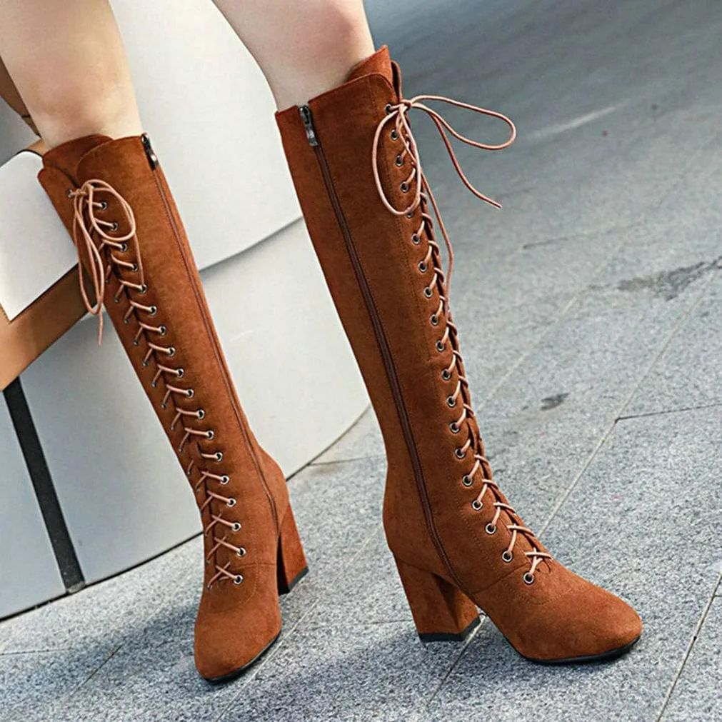 KOKOMOMO Womens Square Toe Chunky Heels Knee High Boots Lace Up High Heeled Combat Boots with Zip