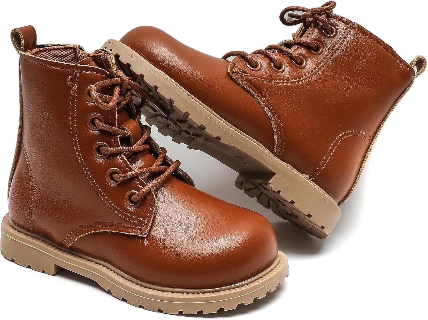 Komfyea Autumn Leather Combat Zipper Lace Up Boots （Toddler/Little Kids） Children Winter Ankle Boots