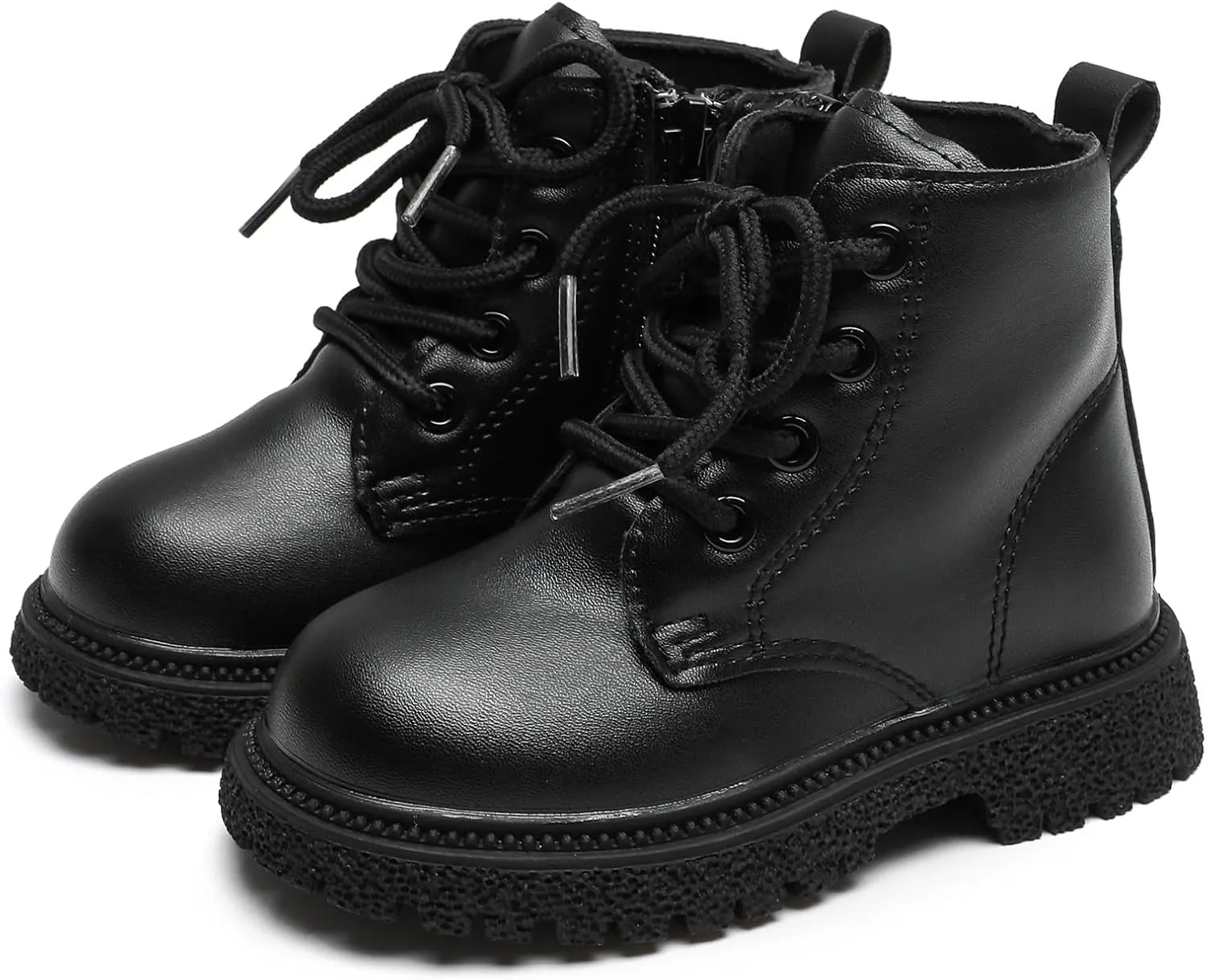 Komfyea Autumn Leather Combat Zipper Lace Up Boots （Toddler/Little Kids） Children Winter Ankle Boots