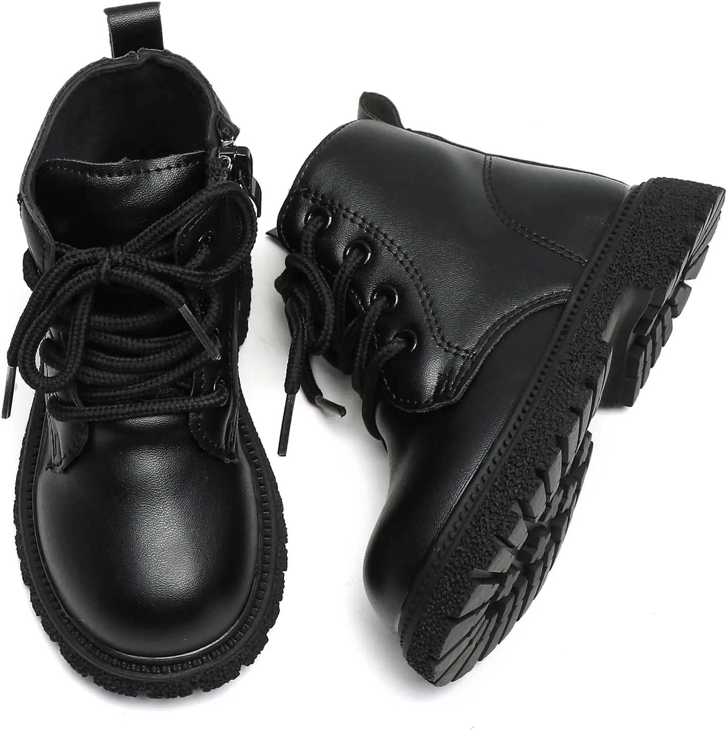 Komfyea Autumn Leather Combat Zipper Lace Up Boots （Toddler/Little Kids） Children Winter Ankle Boots