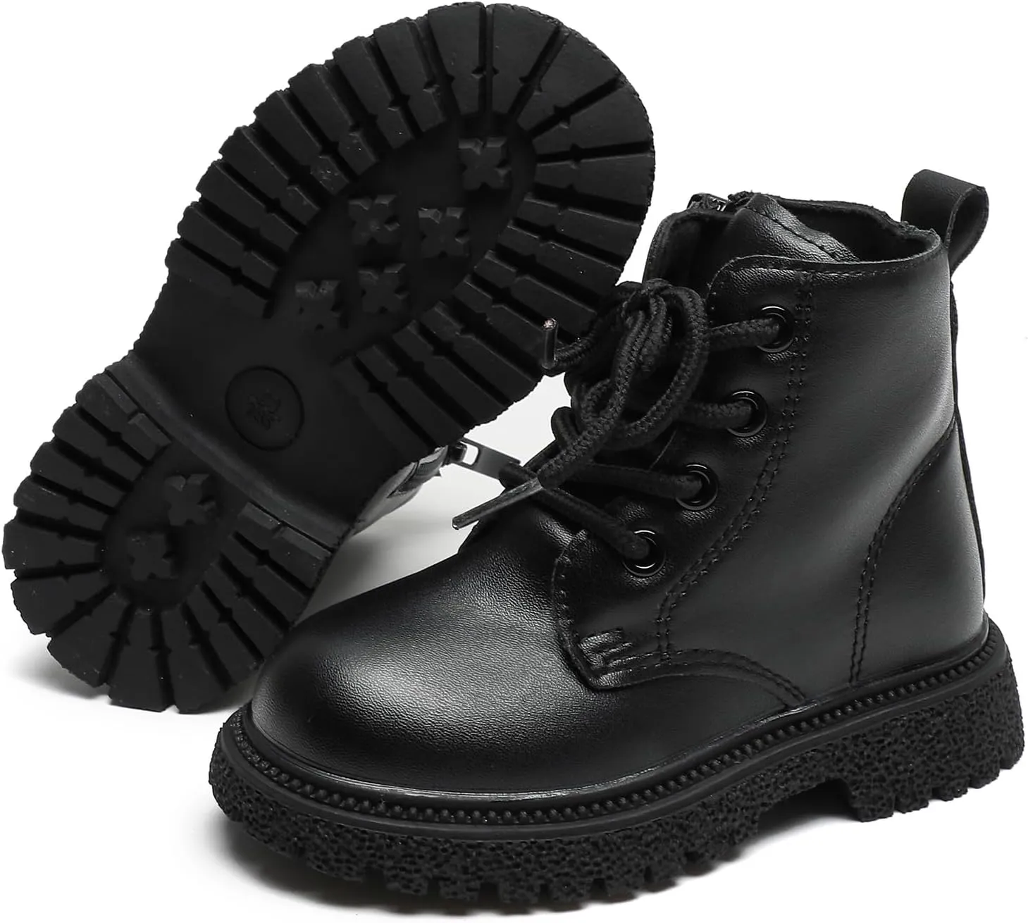 Komfyea Autumn Leather Combat Zipper Lace Up Boots （Toddler/Little Kids） Children Winter Ankle Boots