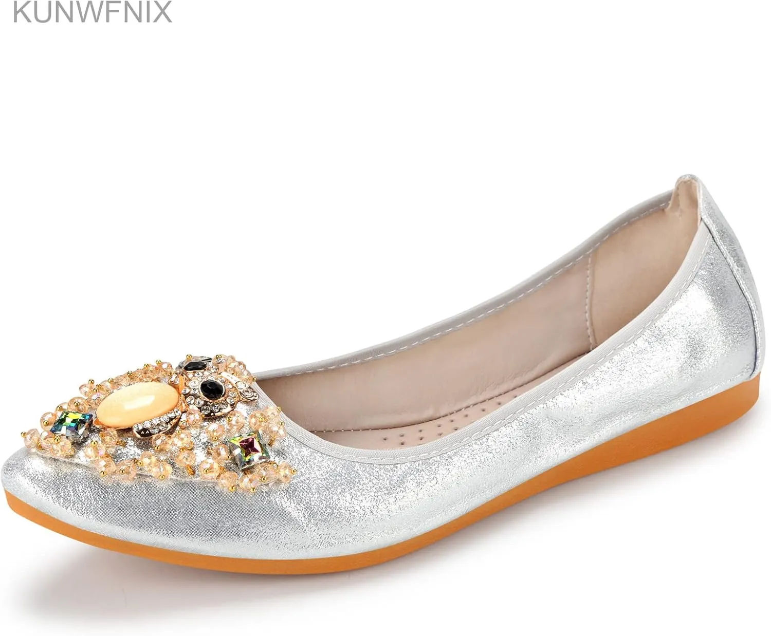 KUNWFNIX Women's Ballet Flats Foldable Classic Crown Rhinestone Slip On Flowers PU Leather Pointed Toe Comfort Flat Casual Dress Shoes