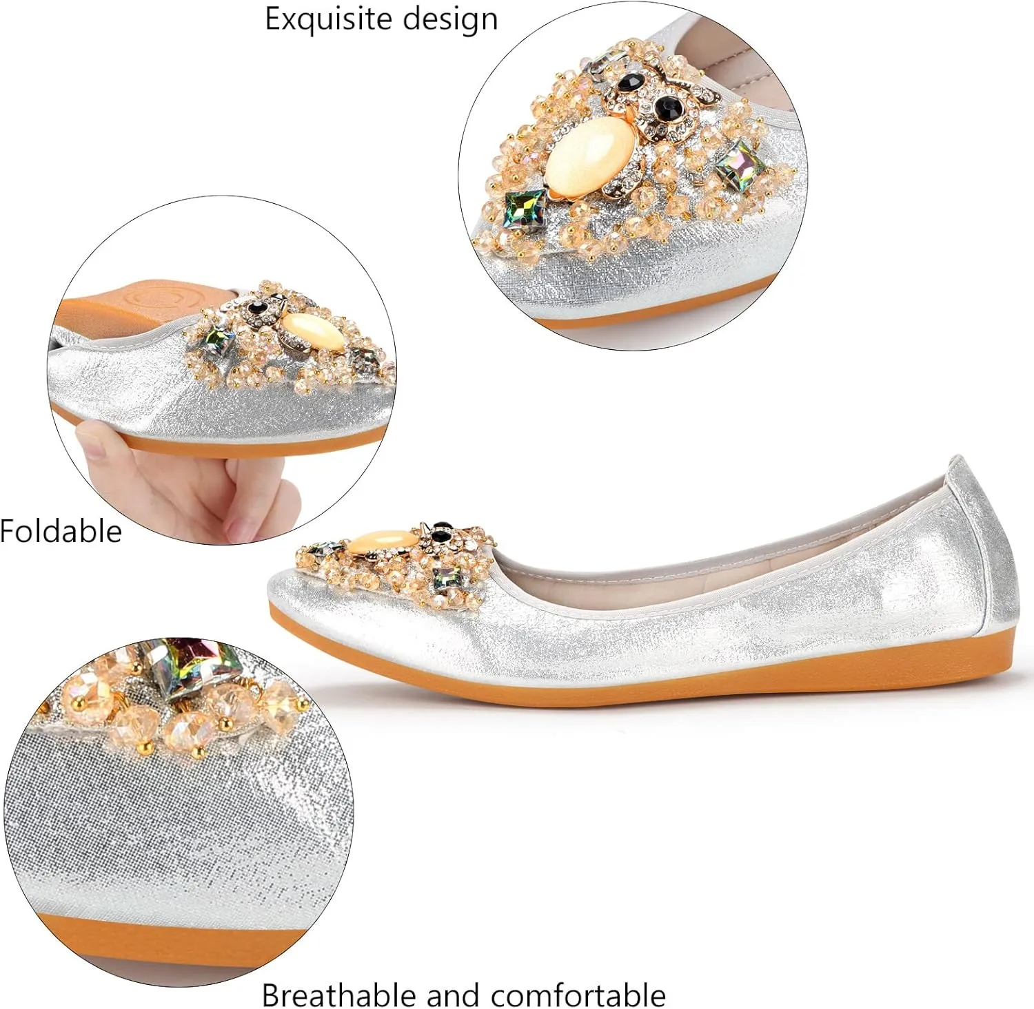 KUNWFNIX Women's Ballet Flats Foldable Classic Crown Rhinestone Slip On Flowers PU Leather Pointed Toe Comfort Flat Casual Dress Shoes