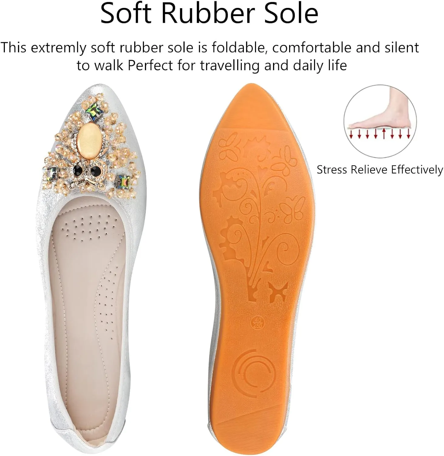 KUNWFNIX Women's Ballet Flats Foldable Classic Crown Rhinestone Slip On Flowers PU Leather Pointed Toe Comfort Flat Casual Dress Shoes