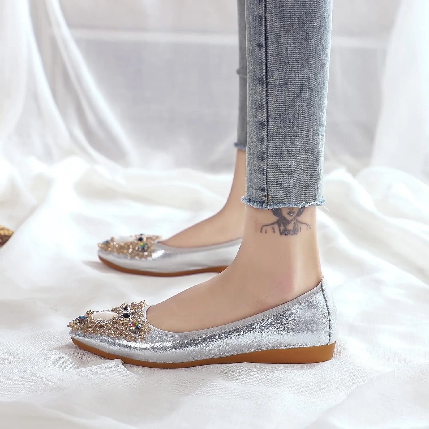 KUNWFNIX Women's Ballet Flats Foldable Classic Crown Rhinestone Slip On Flowers PU Leather Pointed Toe Comfort Flat Casual Dress Shoes