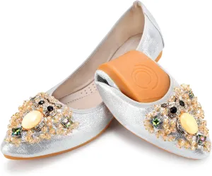 KUNWFNIX Women's Ballet Flats Foldable Classic Crown Rhinestone Slip On Flowers PU Leather Pointed Toe Comfort Flat Casual Dress Shoes