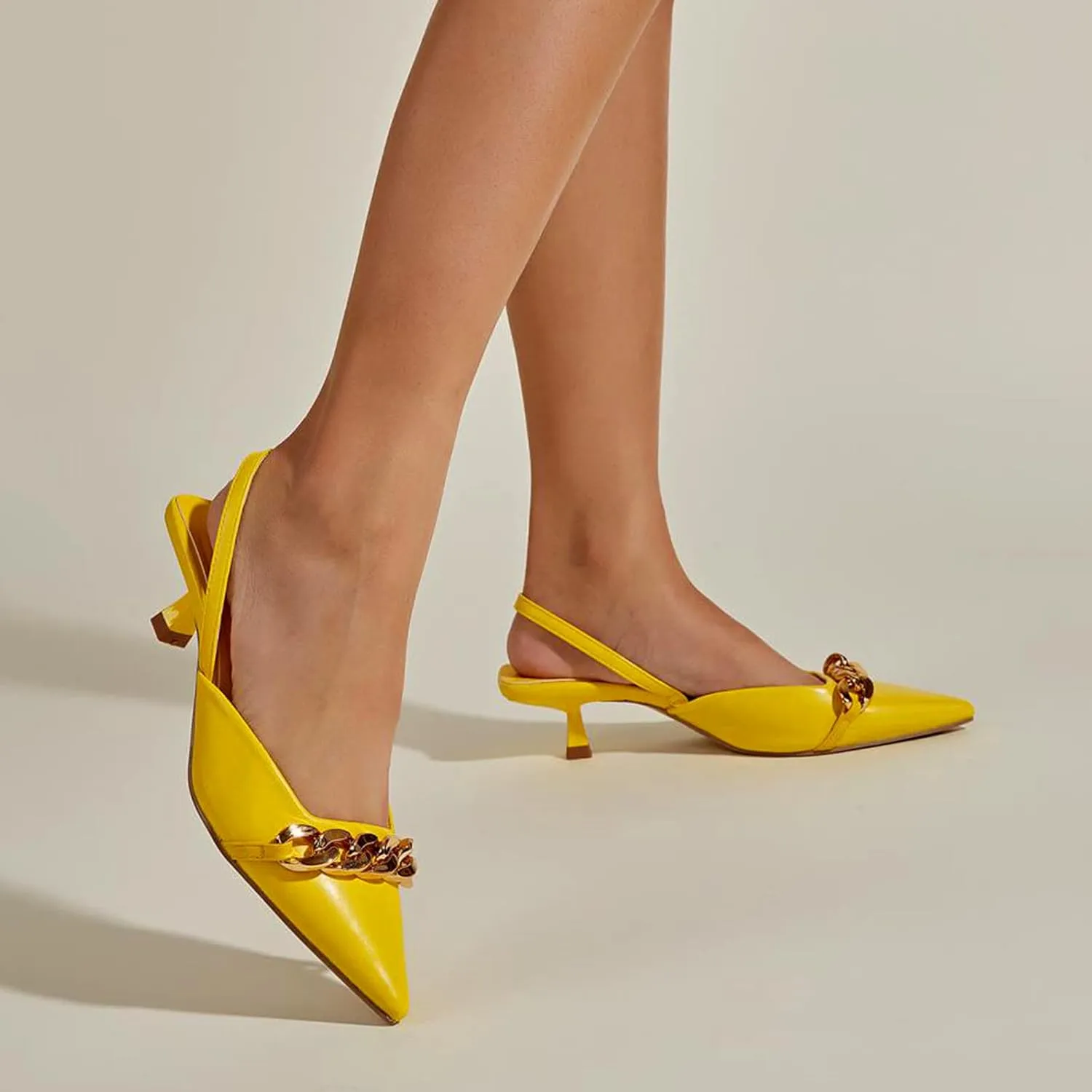 Ladies Fashion Solid Color Leather Metal Pointed Toe Middle Heel Women's Casual Shoes Comfortable Womens