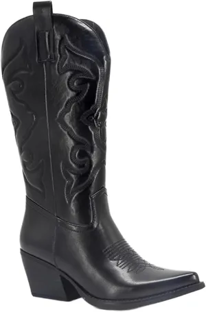 Ladmiple Cowboy Boots For Women Wide Calf Low Heel Cowgirl Embroidered Pointed Toe Chunky Heel Western Knee High Boots