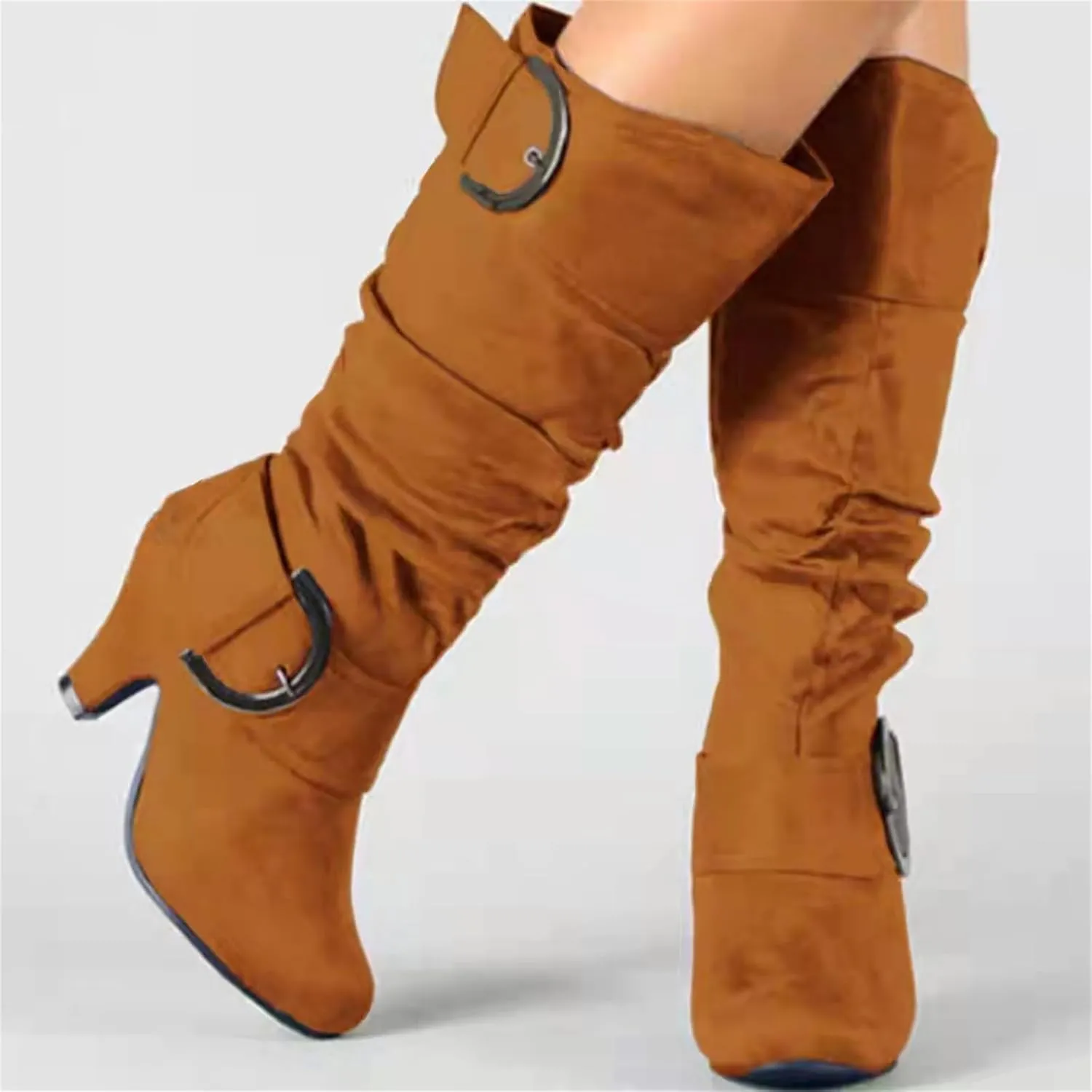Ladmiple Cowgirl Boots Women Wide Calf Knee High Cowboy Boots Mid Heel Retro Fashion Tall Boot Pull On for Ladies