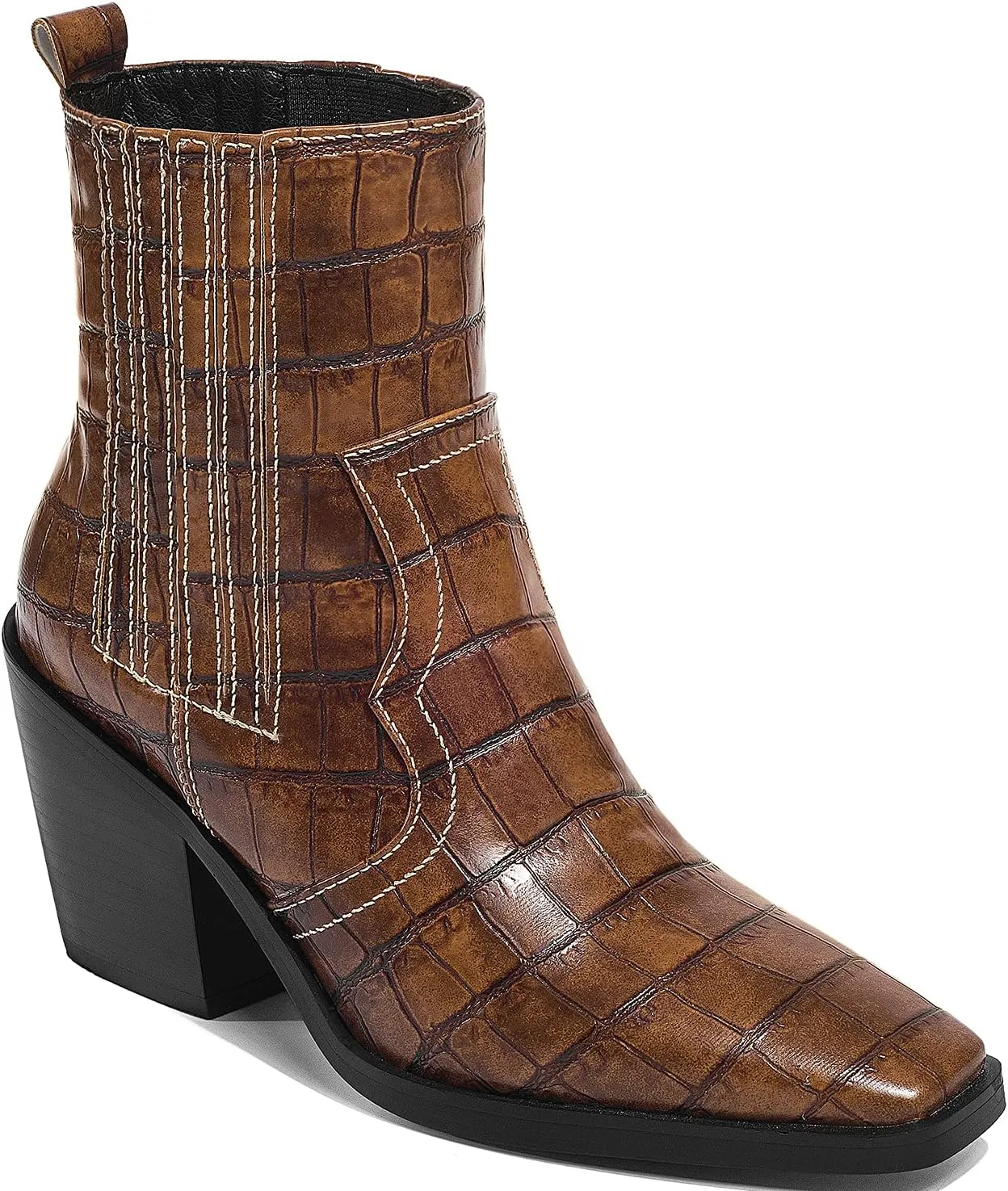 LEHOOR Chunky Stacked Heel Western Cowboy Boots for Women Crocodile Square Toe Pull On Cowgirl Boots Booties Embroidered Matte Leather Low Heel Combat Booties Vintage Dressy Fashion Casual 4-11 M US