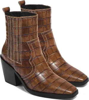 LEHOOR Chunky Stacked Heel Western Cowboy Boots for Women Crocodile Square Toe Pull On Cowgirl Boots Booties Embroidered Matte Leather Low Heel Combat Booties Vintage Dressy Fashion Casual 4-11 M US