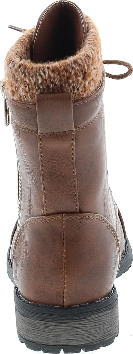 Link Mango-31 Girls Kids Round Toe Military Lace Up Knit Ankle Cuff Low Heel Combat Boots