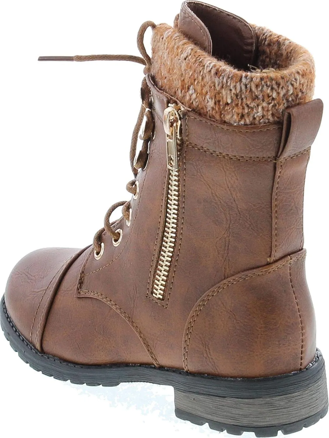 Link Mango-31 Girls Kids Round Toe Military Lace Up Knit Ankle Cuff Low Heel Combat Boots