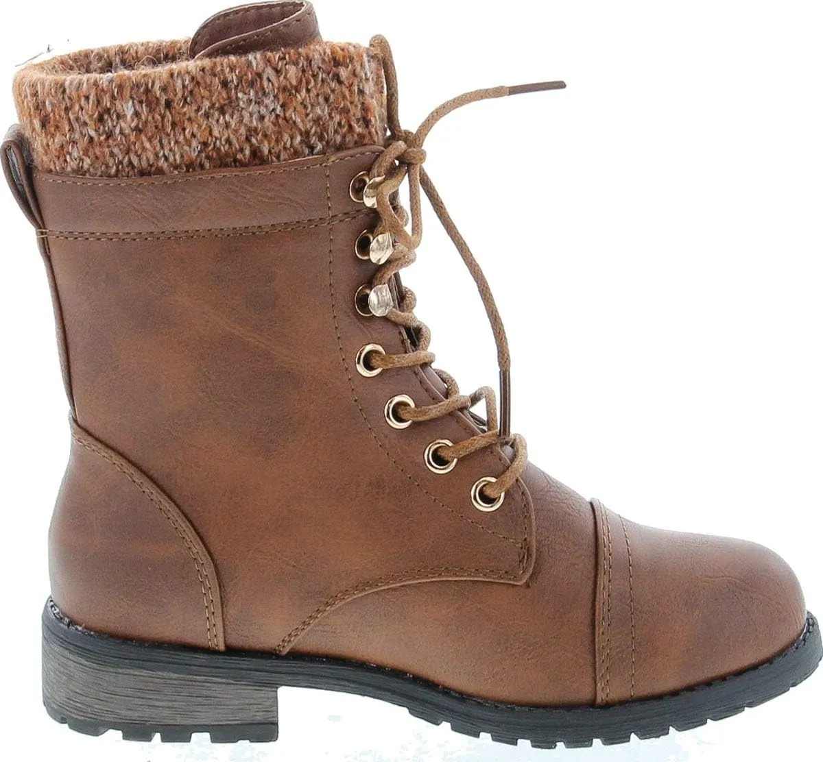 Link Mango-31 Girls Kids Round Toe Military Lace Up Knit Ankle Cuff Low Heel Combat Boots