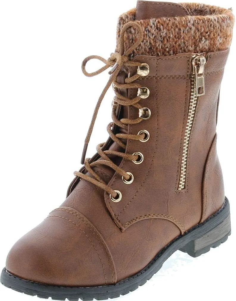 Link Mango-31 Girls Kids Round Toe Military Lace Up Knit Ankle Cuff Low Heel Combat Boots