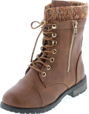 Link Mango-31 Girls Kids Round Toe Military Lace Up Knit Ankle Cuff Low Heel Combat Boots
