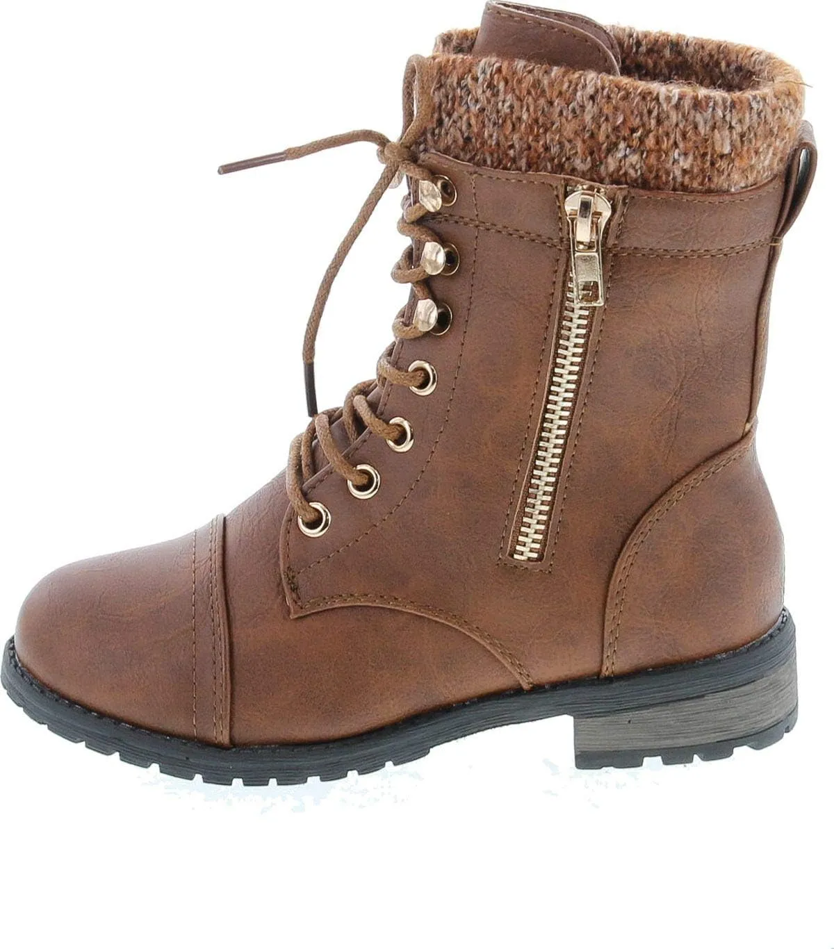Link Mango-31 Girls Kids Round Toe Military Lace Up Knit Ankle Cuff Low Heel Combat Boots