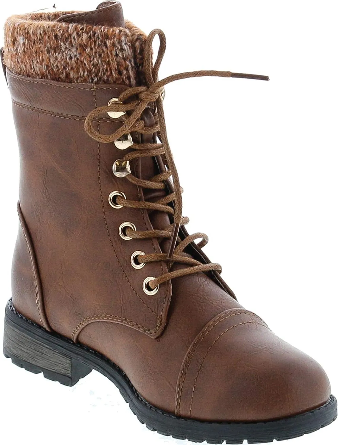Link Mango-31 Girls Kids Round Toe Military Lace Up Knit Ankle Cuff Low Heel Combat Boots