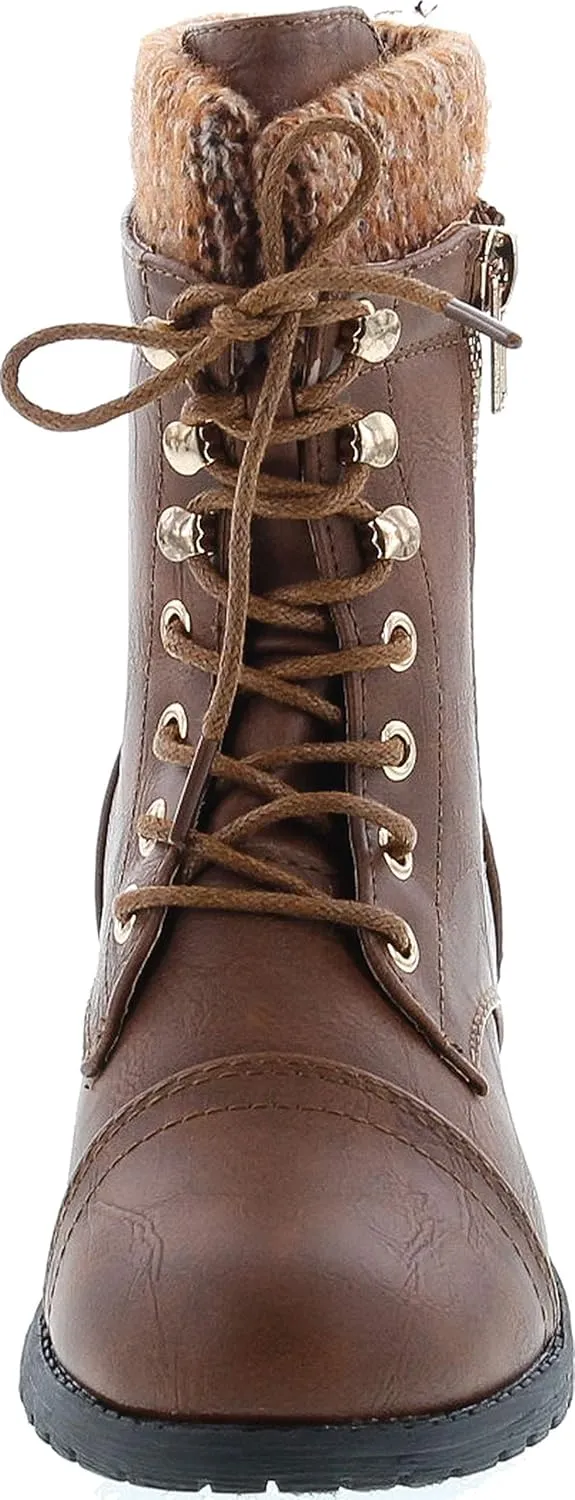 Link Mango-31 Girls Kids Round Toe Military Lace Up Knit Ankle Cuff Low Heel Combat Boots