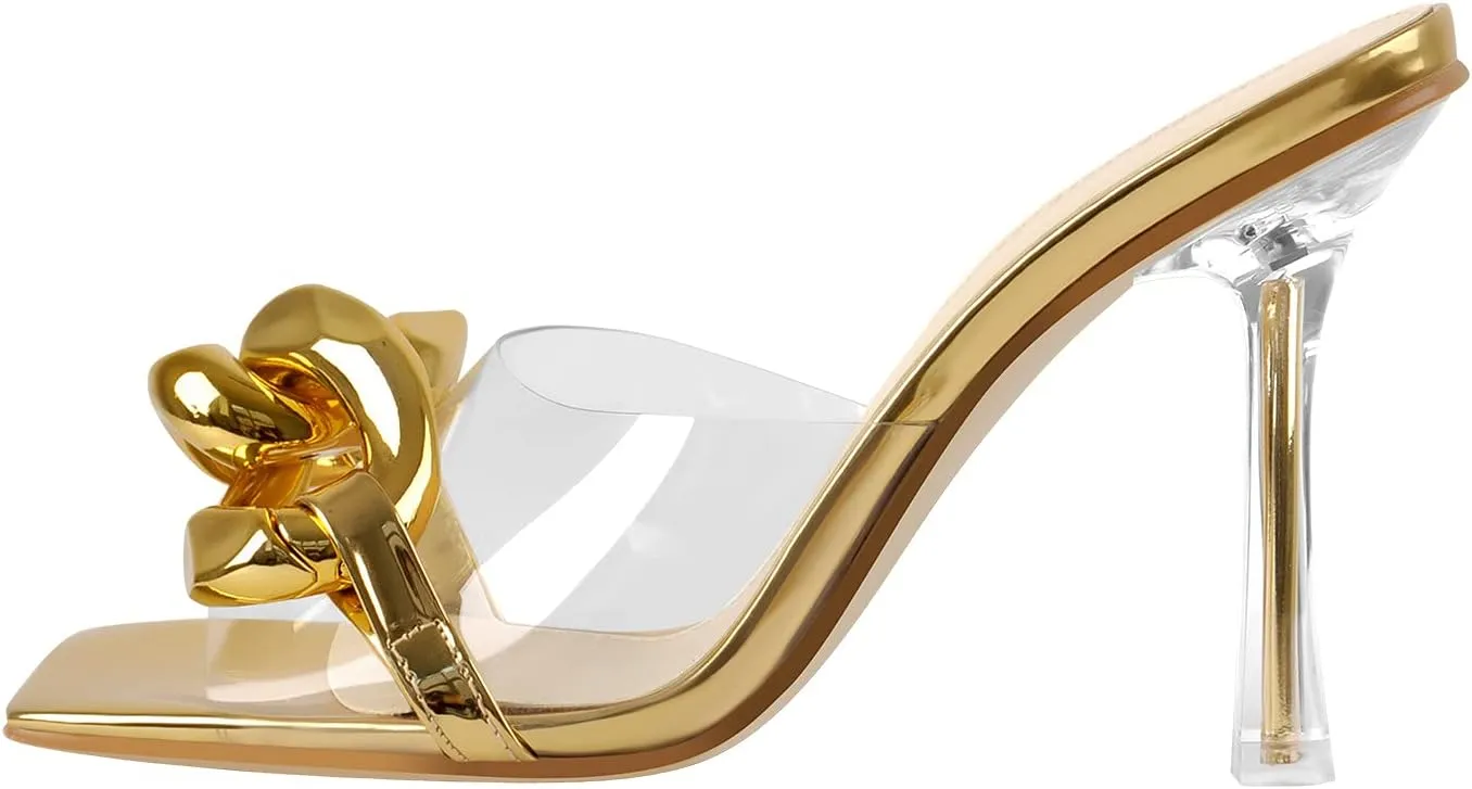 LISHAN Women's Square Open Toe PVC Strap Slip On High Heel Sandals
