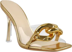 LISHAN Women's Square Open Toe PVC Strap Slip On High Heel Sandals
