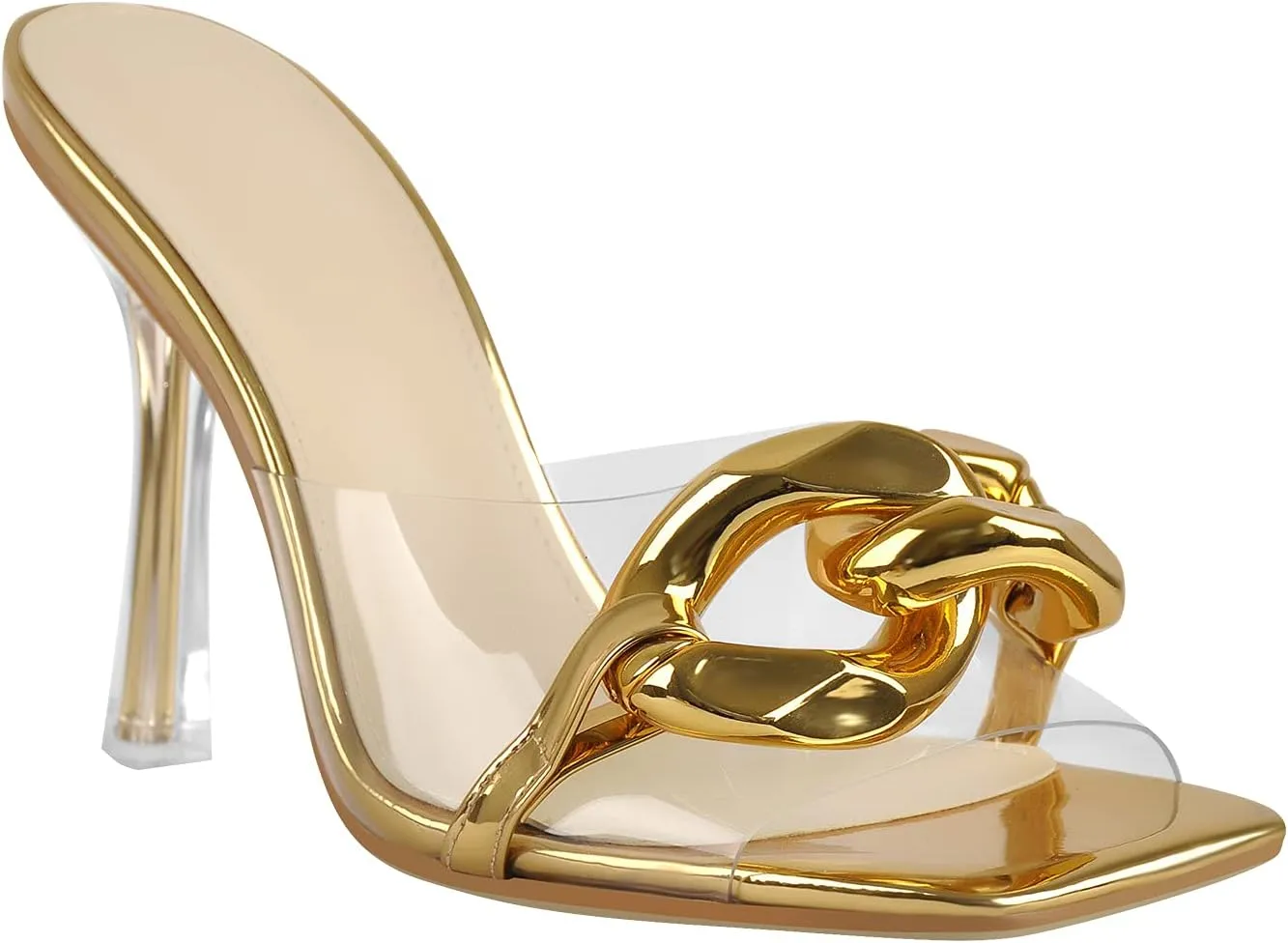 LISHAN Women's Square Open Toe PVC Strap Slip On High Heel Sandals