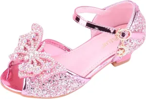 Little Girls Party Wedding Sandals Kids Crystal Heels Princess Open Toe Bow Formal Dress Shoes with Ankle Strap