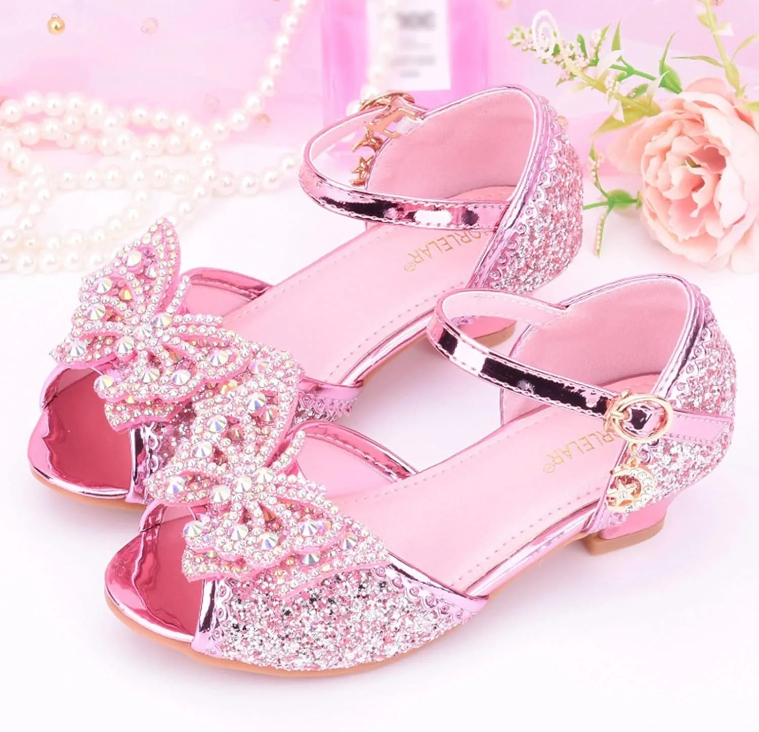 Little Girls Party Wedding Sandals Kids Crystal Heels Princess Open Toe Bow Formal Dress Shoes with Ankle Strap