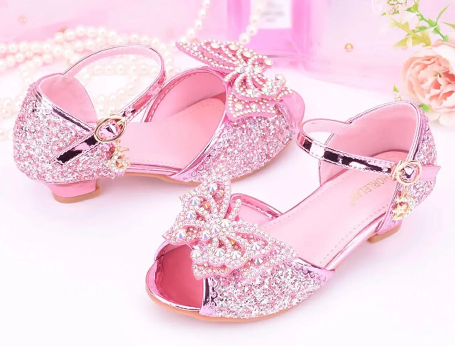 Little Girls Party Wedding Sandals Kids Crystal Heels Princess Open Toe Bow Formal Dress Shoes with Ankle Strap