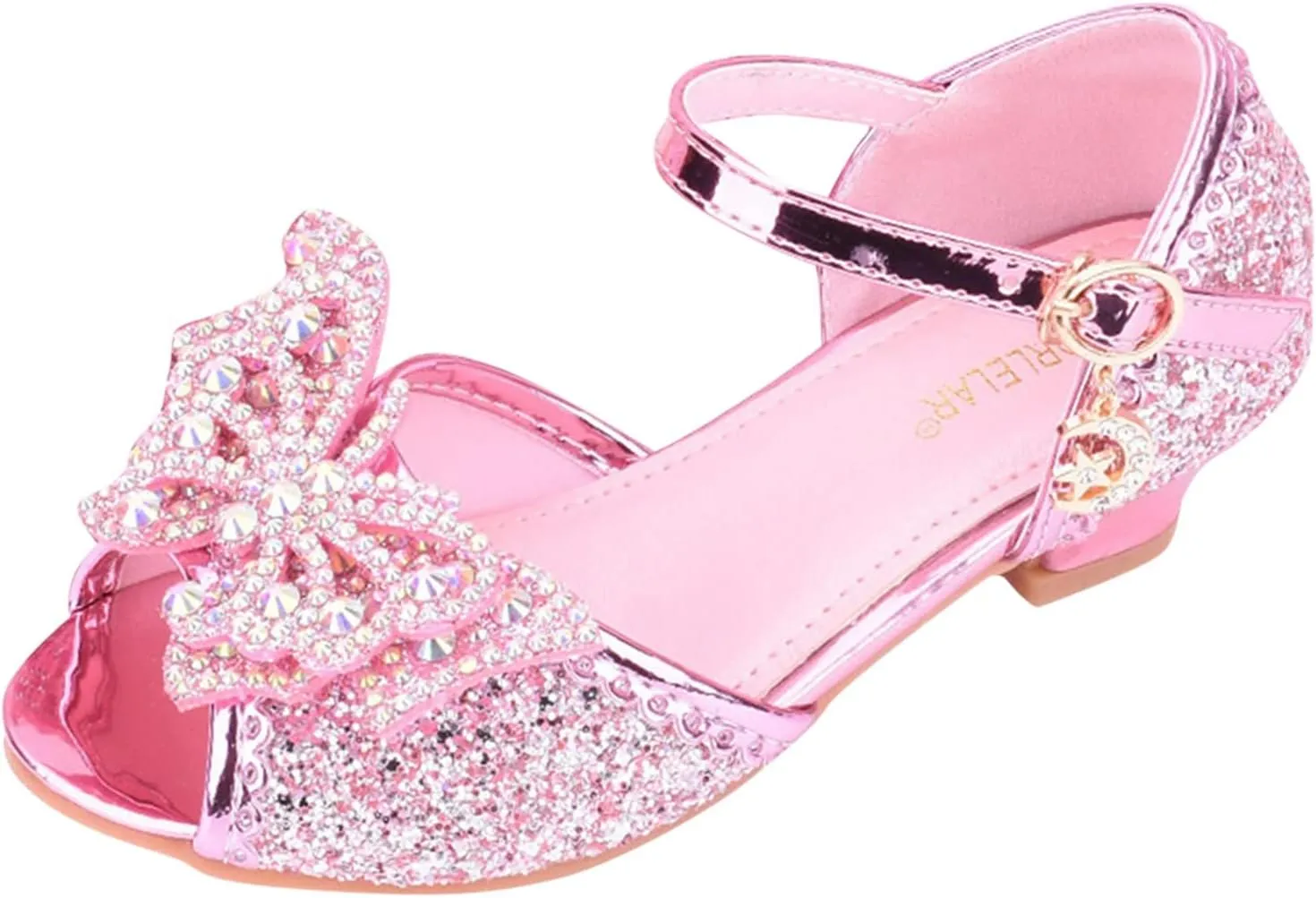 Little Girls Party Wedding Sandals Kids Crystal Heels Princess Open Toe Bow Formal Dress Shoes with Ankle Strap