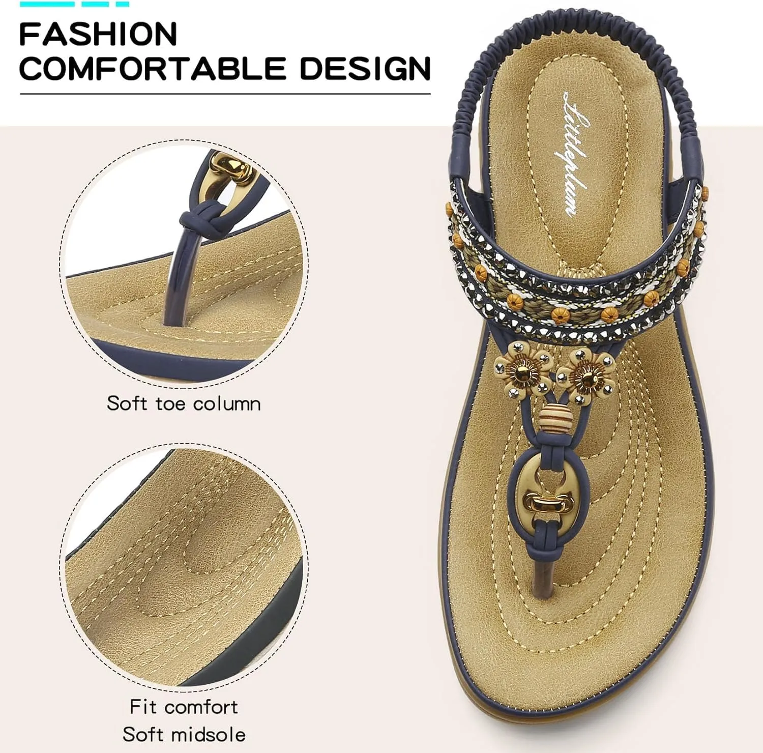 Littleplum Womens Sandals Arch Support Summer Beach Sandals Comfort Walking Shoes Bohemian Flip Flops Sandals for Women