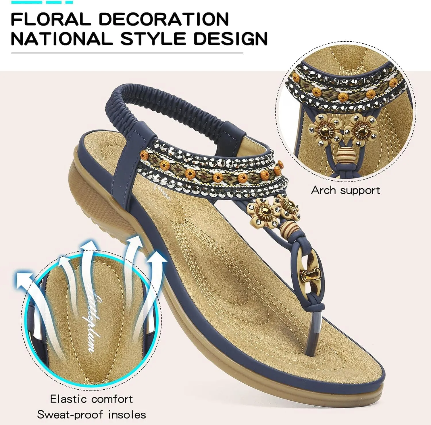 Littleplum Womens Sandals Arch Support Summer Beach Sandals Comfort Walking Shoes Bohemian Flip Flops Sandals for Women