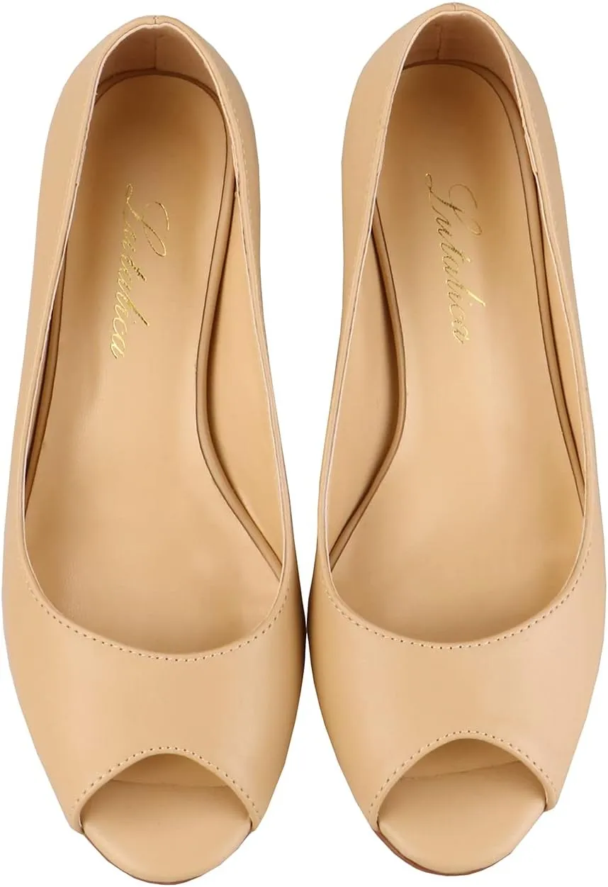 Lutalica W Women's Classic Open Toe Low Kitten Heel Sandals Slip On Medium Heel Peep Toe Dress Pumps