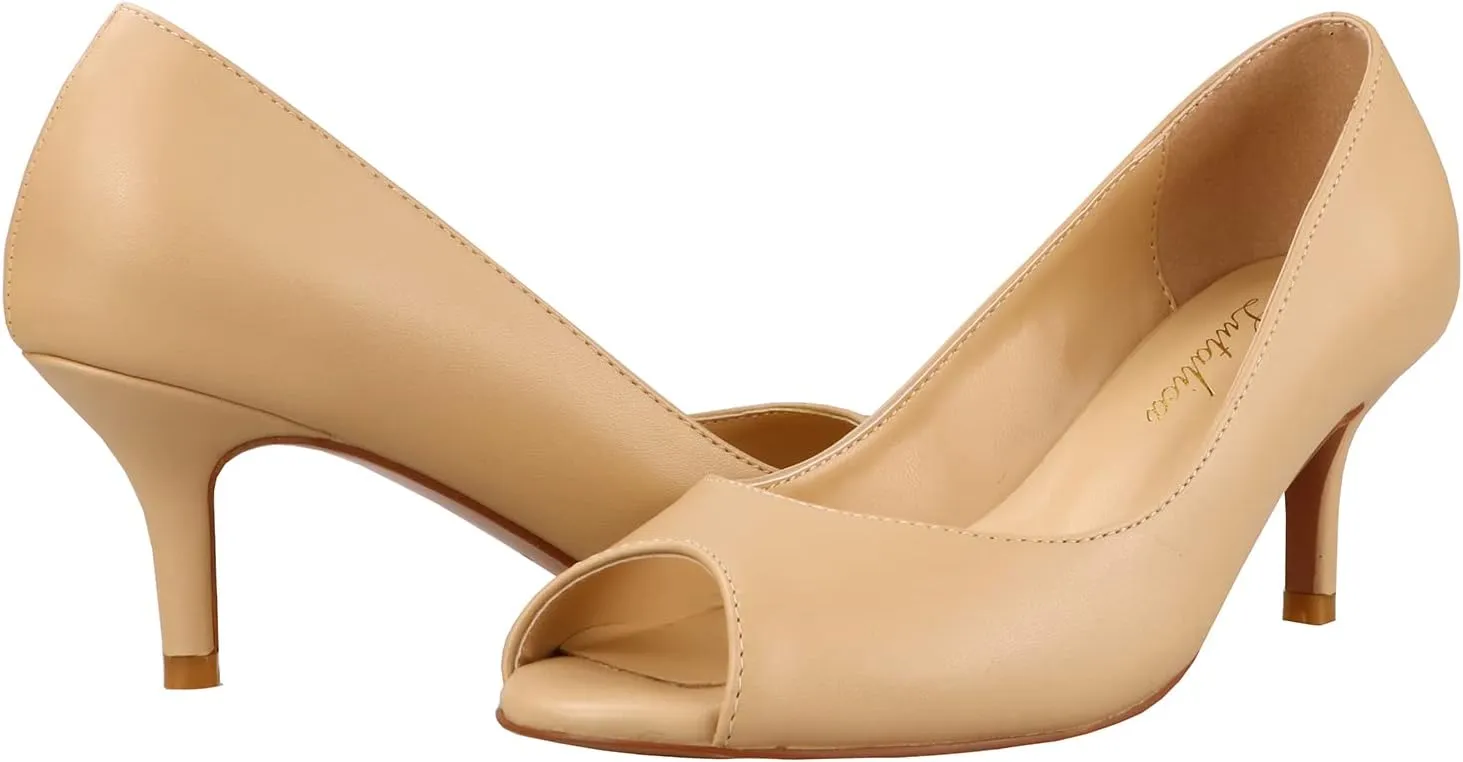 Lutalica W Women's Classic Open Toe Low Kitten Heel Sandals Slip On Medium Heel Peep Toe Dress Pumps