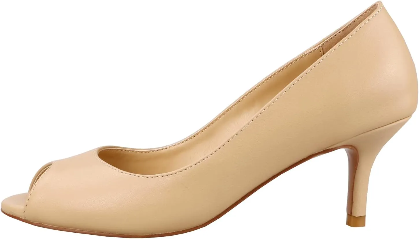 Lutalica W Women's Classic Open Toe Low Kitten Heel Sandals Slip On Medium Heel Peep Toe Dress Pumps