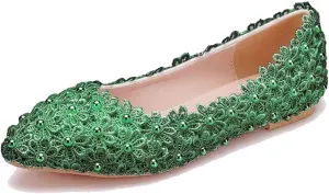LUXINYU Women Beautiful Pearl Flower Lace Ballet Flats Slip on Lightweight Breathable Flats Comfortable Pointed Toe Casual Dress Shoes