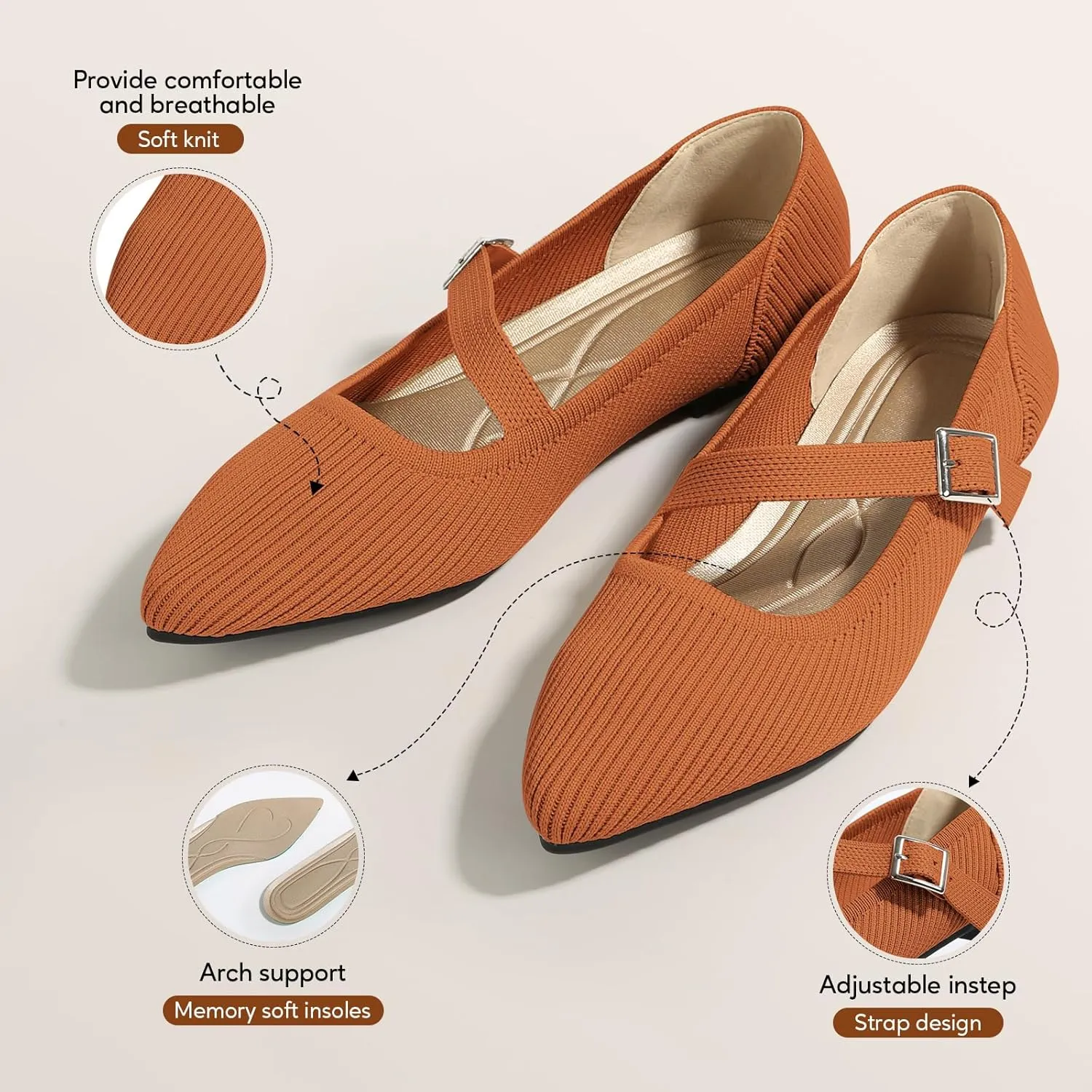 Mary Jane Flats Shoes Women Pointed Toe Ballet Flats Dressy Flats for Women Knit Flats Comfort Breathable Lightweight Washable Flats Shoes