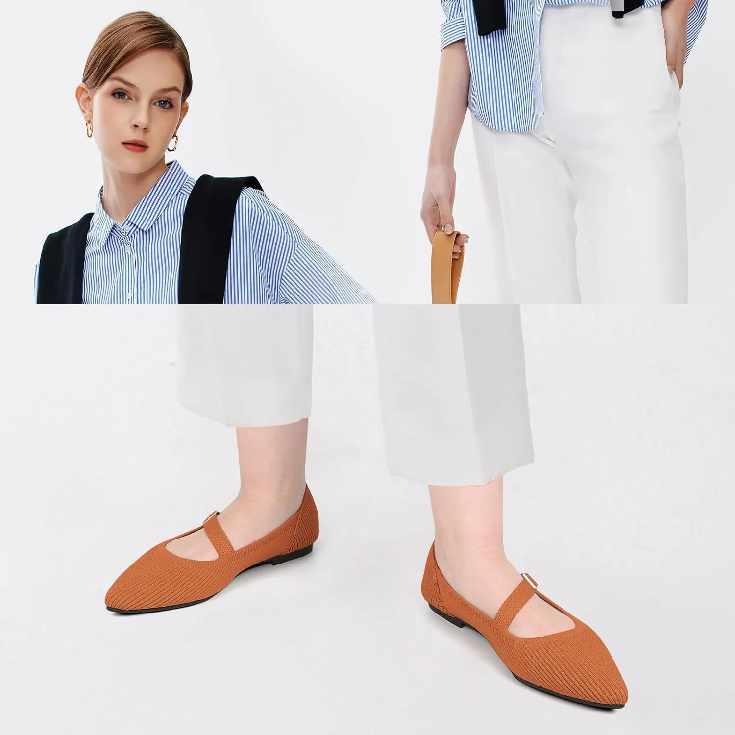 Mary Jane Flats Shoes Women Pointed Toe Ballet Flats Dressy Flats for Women Knit Flats Comfort Breathable Lightweight Washable Flats Shoes