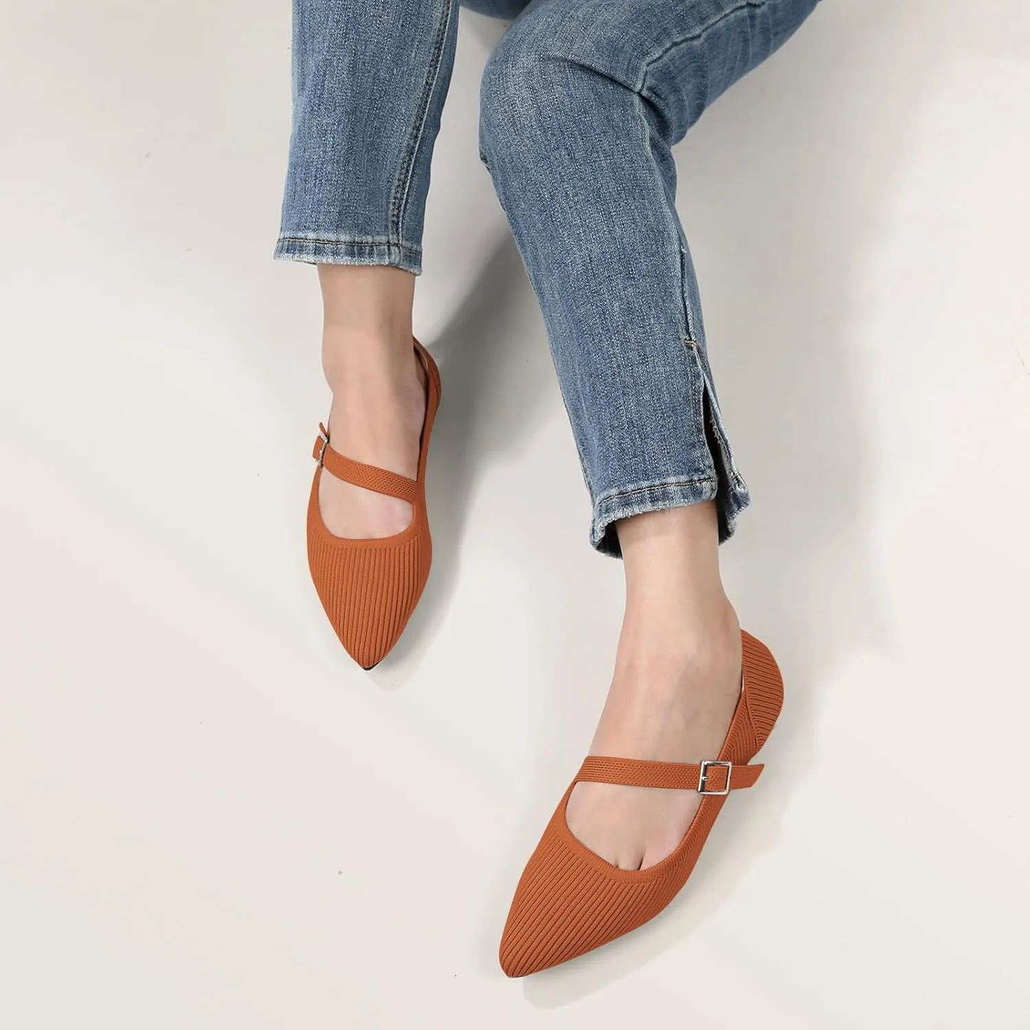 Mary Jane Flats Shoes Women Pointed Toe Ballet Flats Dressy Flats for Women Knit Flats Comfort Breathable Lightweight Washable Flats Shoes