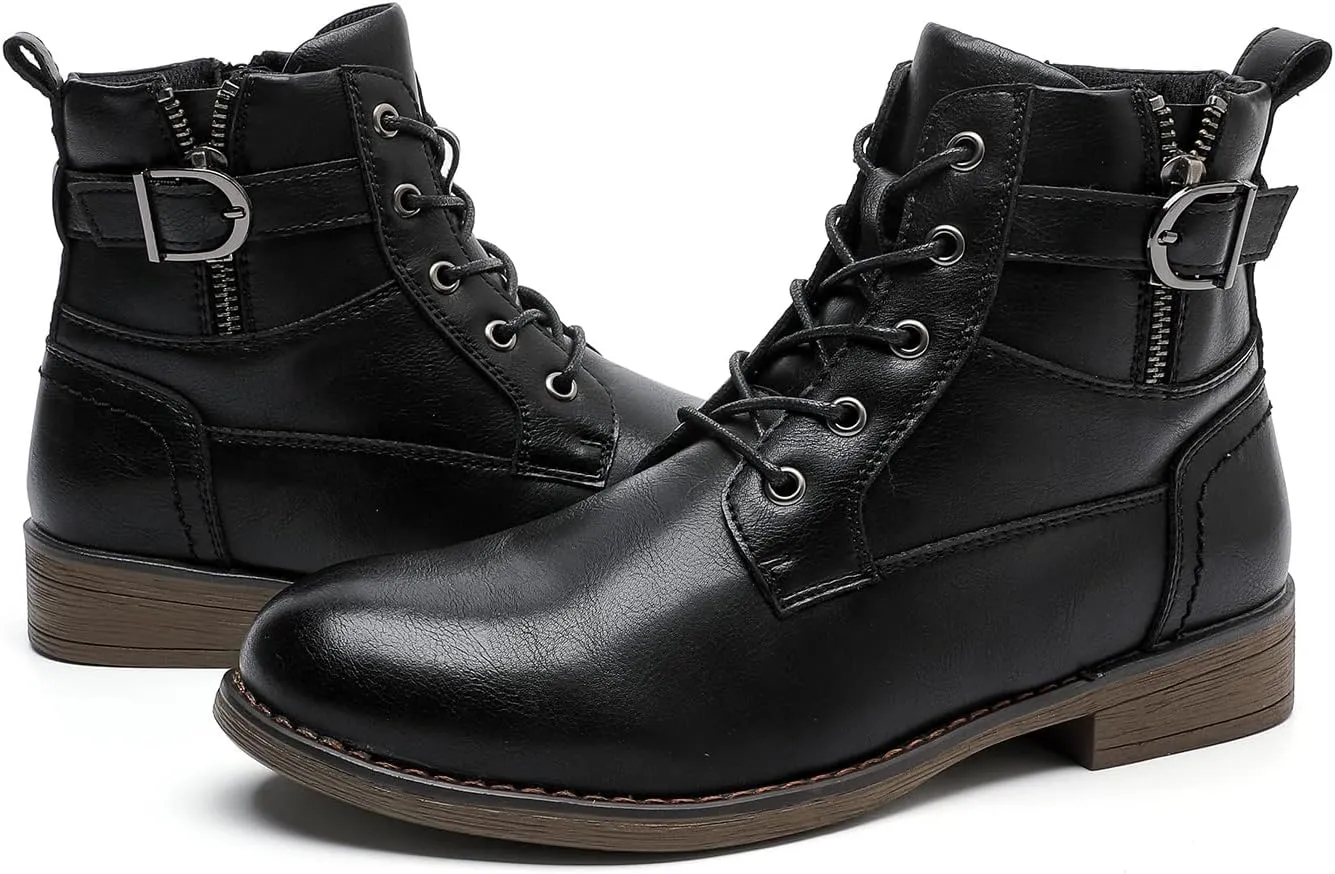 MEMON Women's Fashion Ankle Booties Side Zipper Lace up Black Combat Boots Casual Low Heel Platform Boots