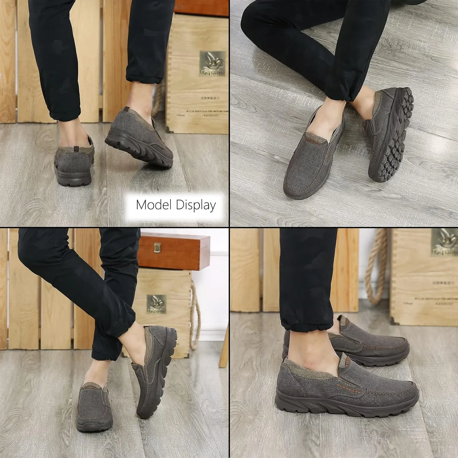 Men's Canvas Slip-On Loafers,Comfortable Breathable Casual Walking Canvas Shoes,Outdoor Non-Slip Wide Hiking Driving Shoes,Middle Aged Elderly Dad Shoes