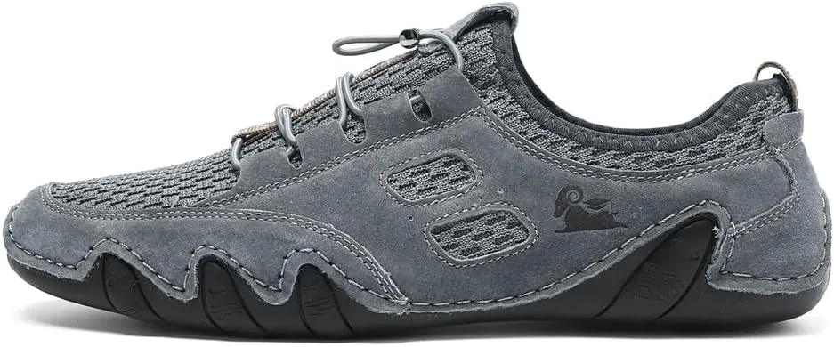 Men's Handmade Leather Mesh Trail Shoes for Walking Hiking Slip-on Summer Sports Shoes Breathable Non-Slip Sneakers