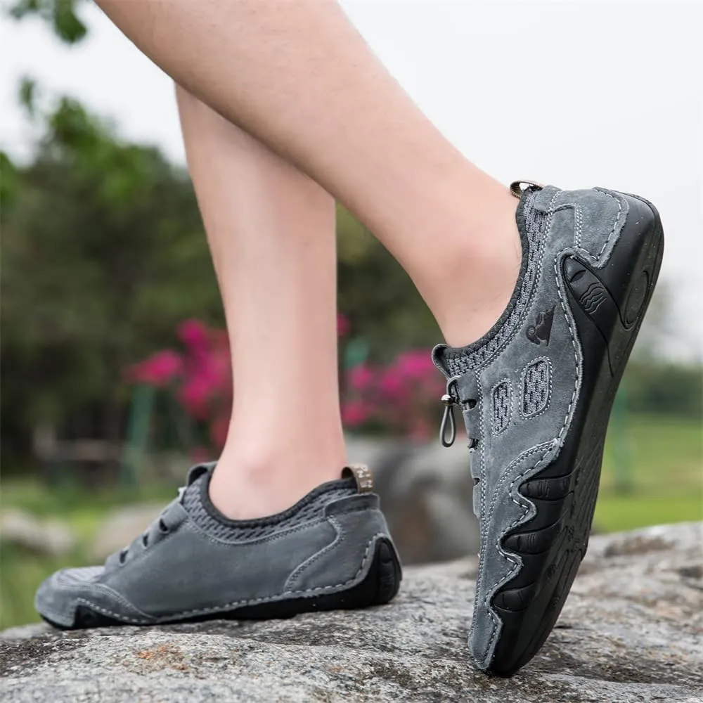 Men's Handmade Leather Mesh Trail Shoes for Walking Hiking Slip-on Summer Sports Shoes Breathable Non-Slip Sneakers
