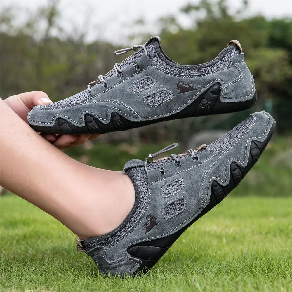 Men's Handmade Leather Mesh Trail Shoes for Walking Hiking Slip-on Summer Sports Shoes Breathable Non-Slip Sneakers