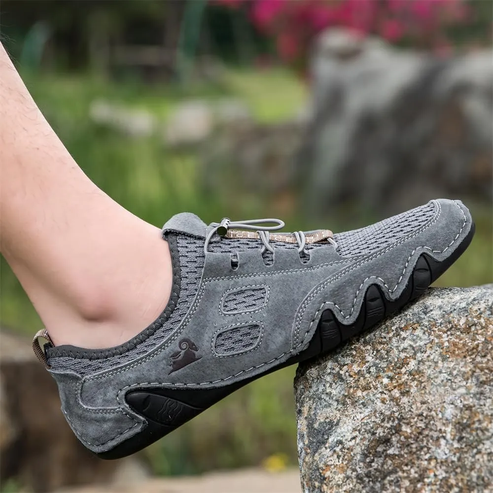 Men's Handmade Leather Mesh Trail Shoes for Walking Hiking Slip-on Summer Sports Shoes Breathable Non-Slip Sneakers